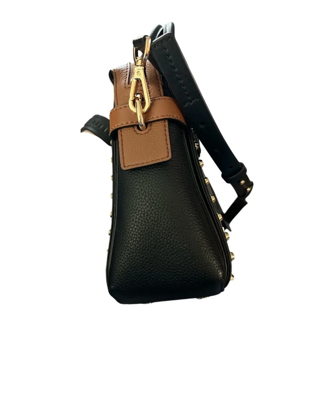 Michael Kors Black and Brown Studded Leather Satchel with Gold Hardware